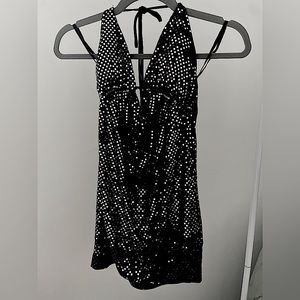 Y2K SEQUIN BLACK LONG HALTER TOP - SMALL